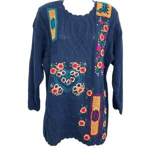 Colleens Collectibles Womens 3D Navy Cottagecore Floral Chunky Sweater S